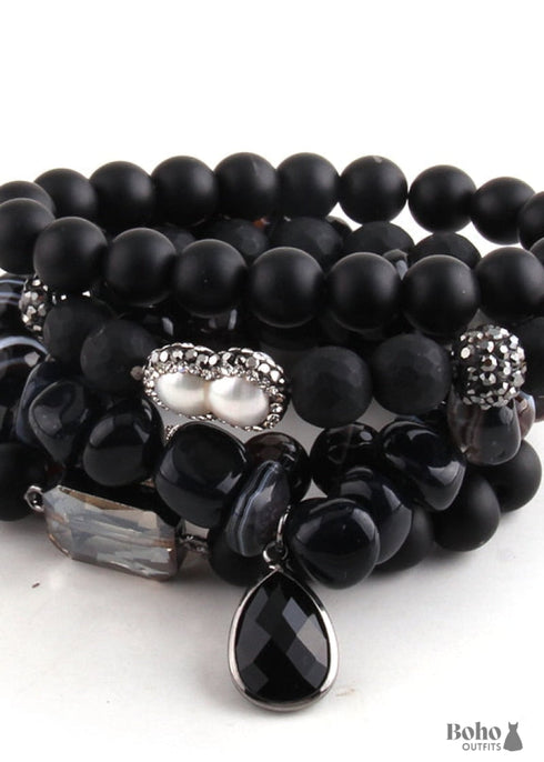 Boho Bracelet, RH Bracelet Set, Cubic Zircon Ball, Natural Stones, in Black and White